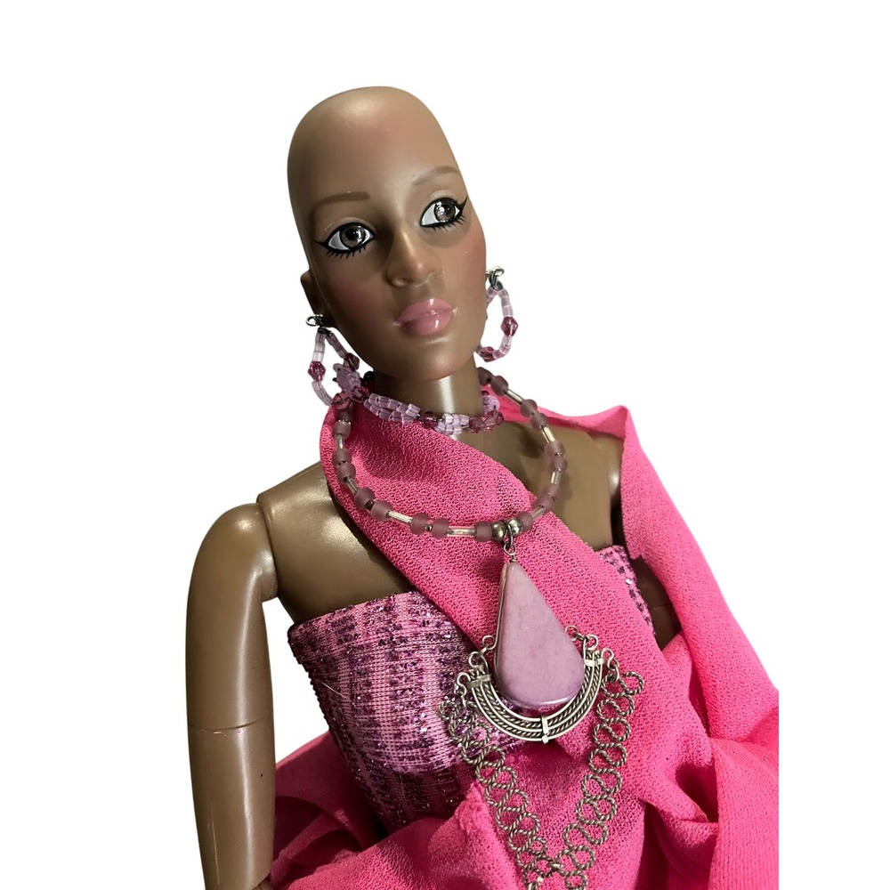 Vintage BJD Royalty Doll Bald Pink Metallic Gown OOAK